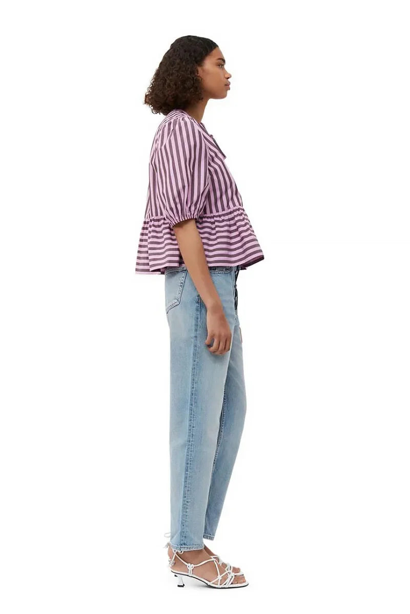 Modern Stripes Puff Sleeve Peplum Bow Ties Blouse Short Top