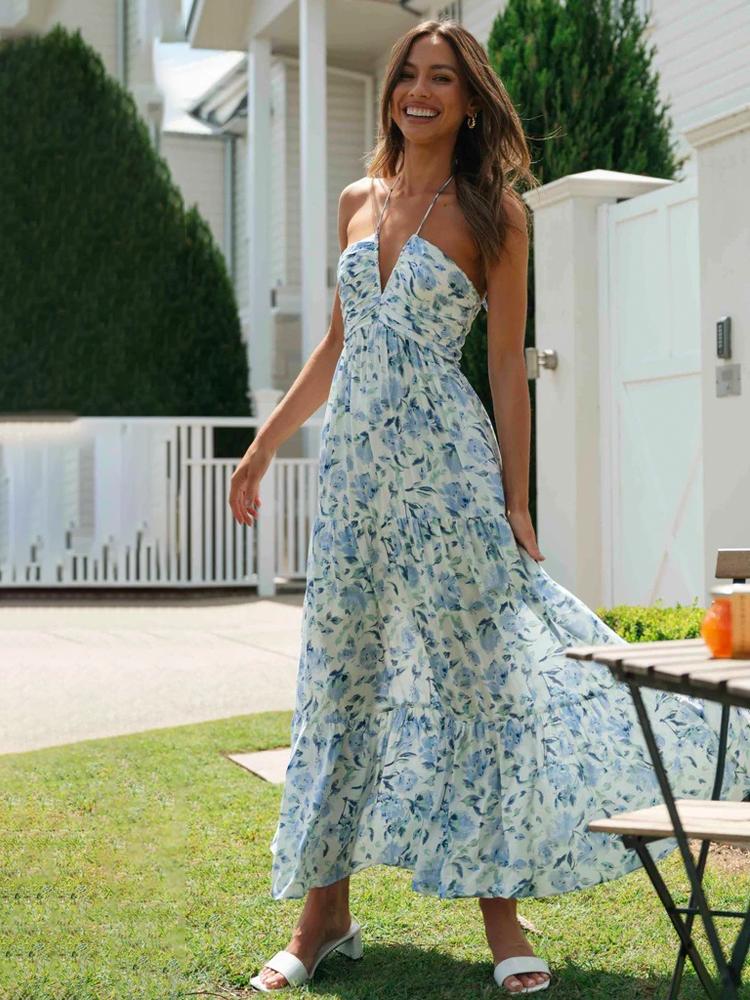 Sue Flower Patterned Halterneck Maxi Sundress
