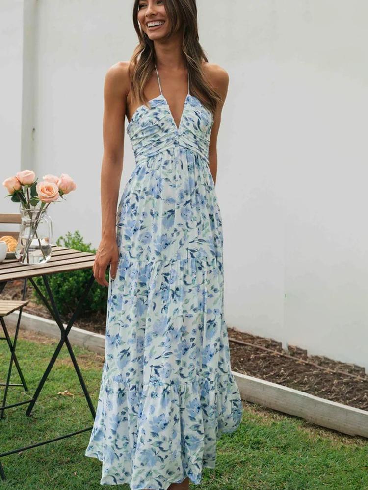 Sue Flower Patterned Halterneck Maxi Sundress