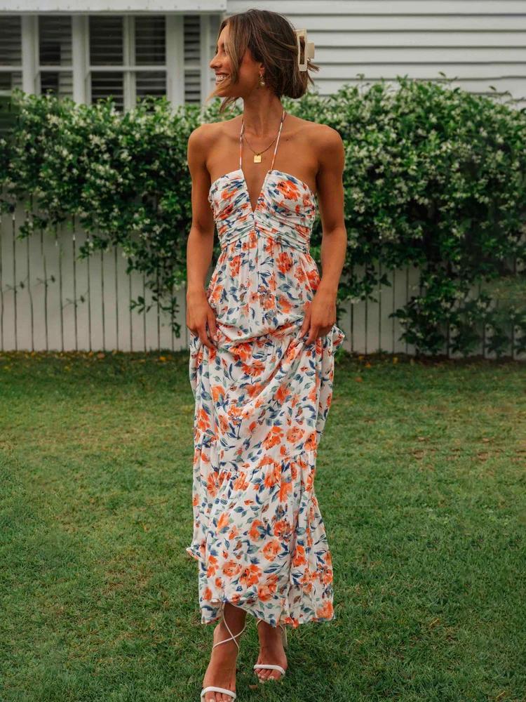 Sue Flower Patterned Halterneck Maxi Sundress