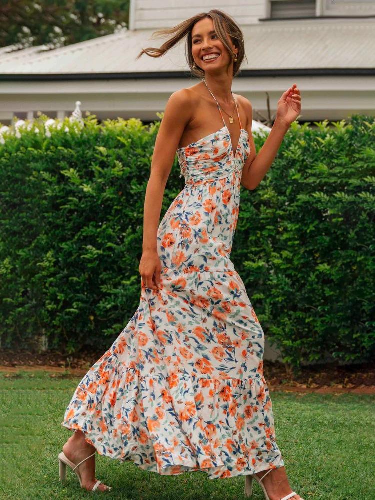 Sue Flower Patterned Halterneck Maxi Sundress