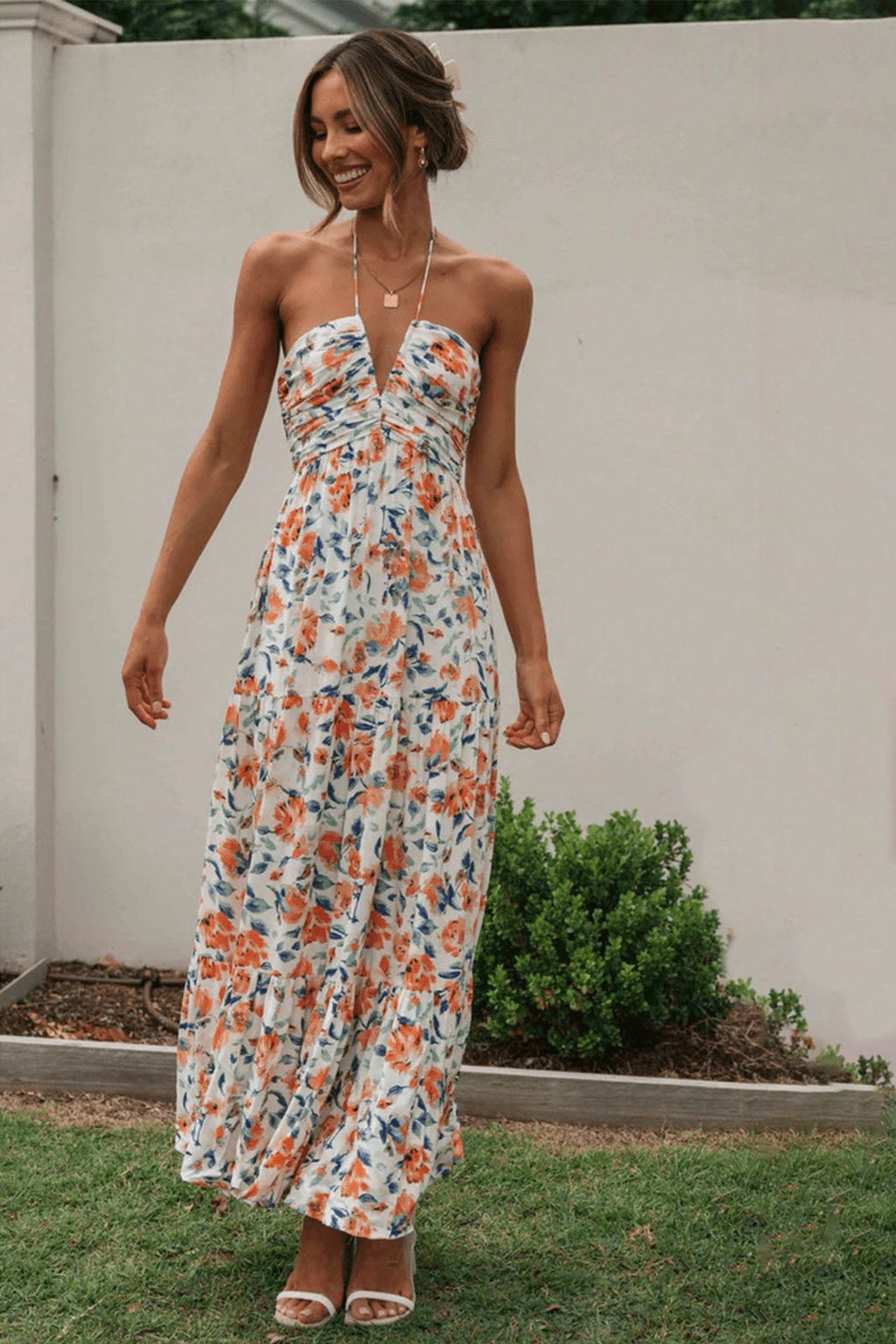 Sue Flower Patterned Halterneck Maxi Sundress