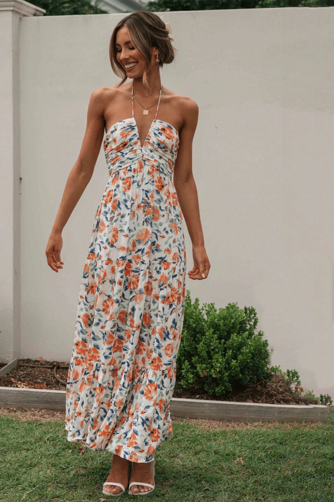 Sue Flower Patterned Halterneck Maxi Sundress