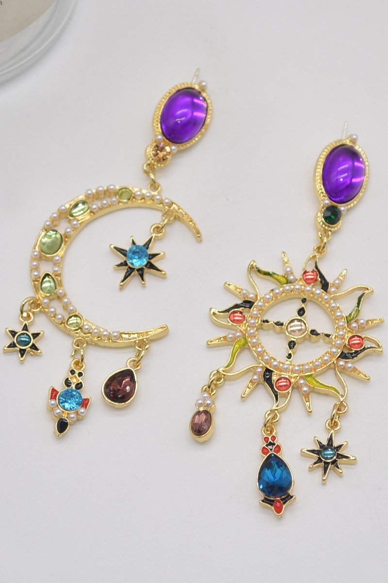 Statement Sun & Moon Asymmetric Long Dangle Earrings