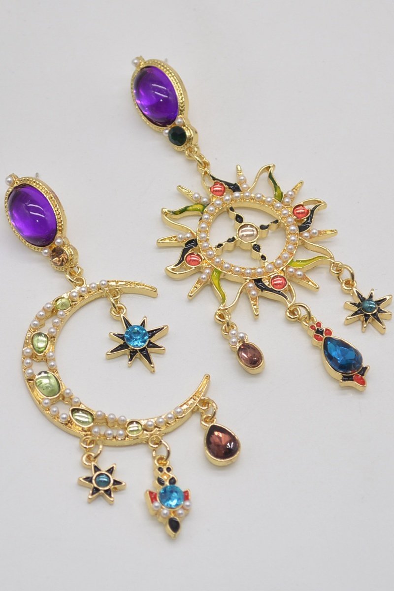 Statement Sun & Moon Asymmetric Long Dangle Earrings