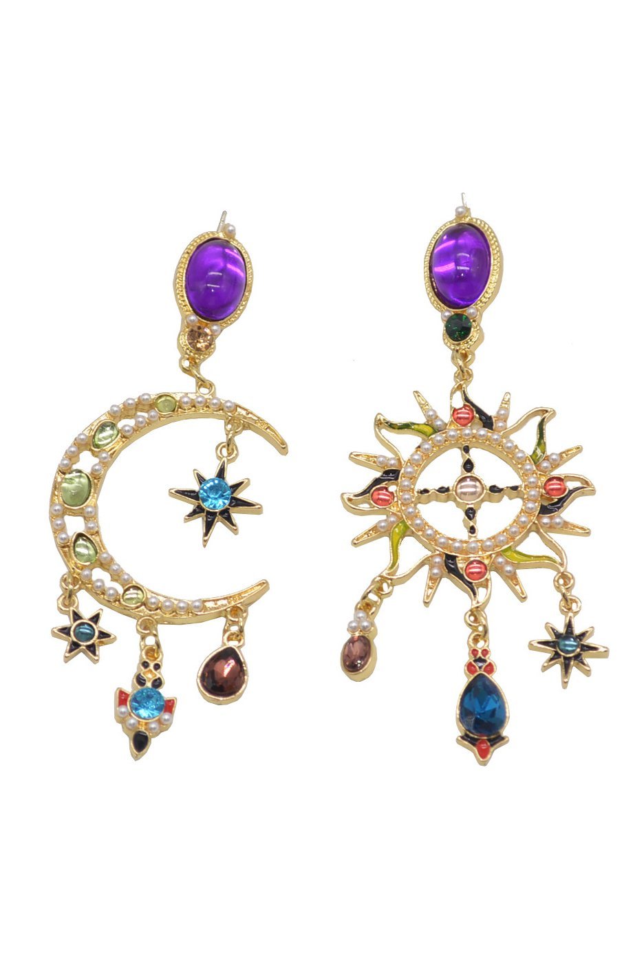Statement Sun & Moon Asymmetric Long Dangle Earrings