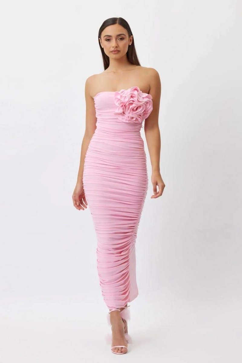 Tina Flower Strapless Midi-Length Dress