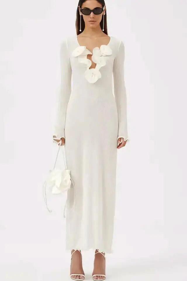 Trista Flower V-Neck Polyester Maxi Slit Dress