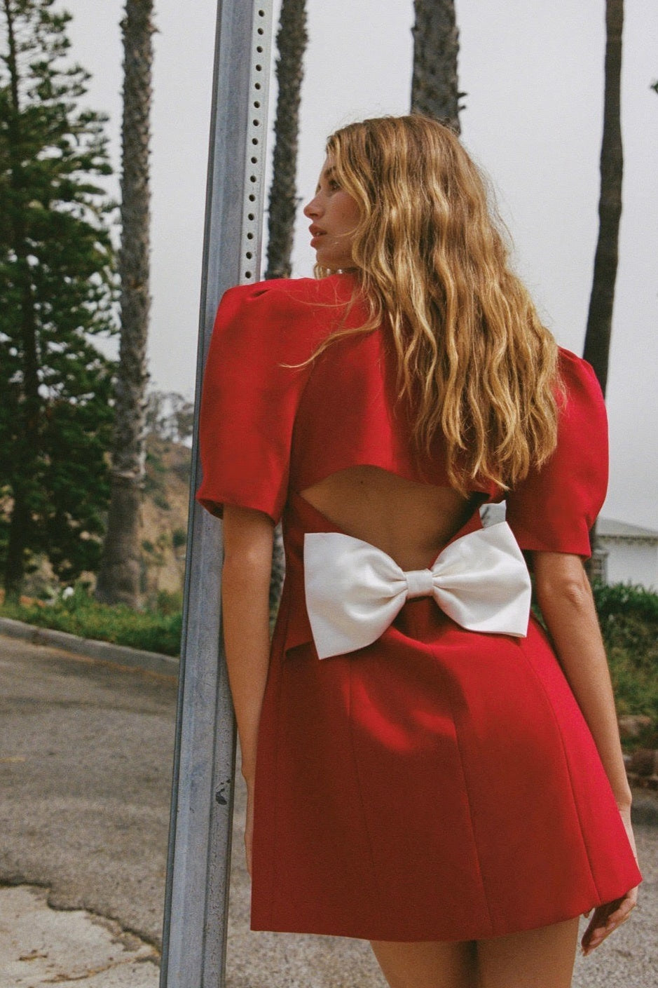 Elsie V-Neck Open-Back Bowtie Mini-Length Dress