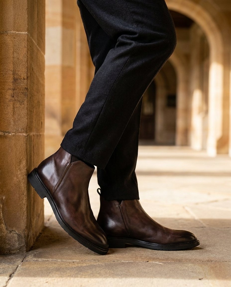 Burnished Leather Boots with Elastic Side Panels