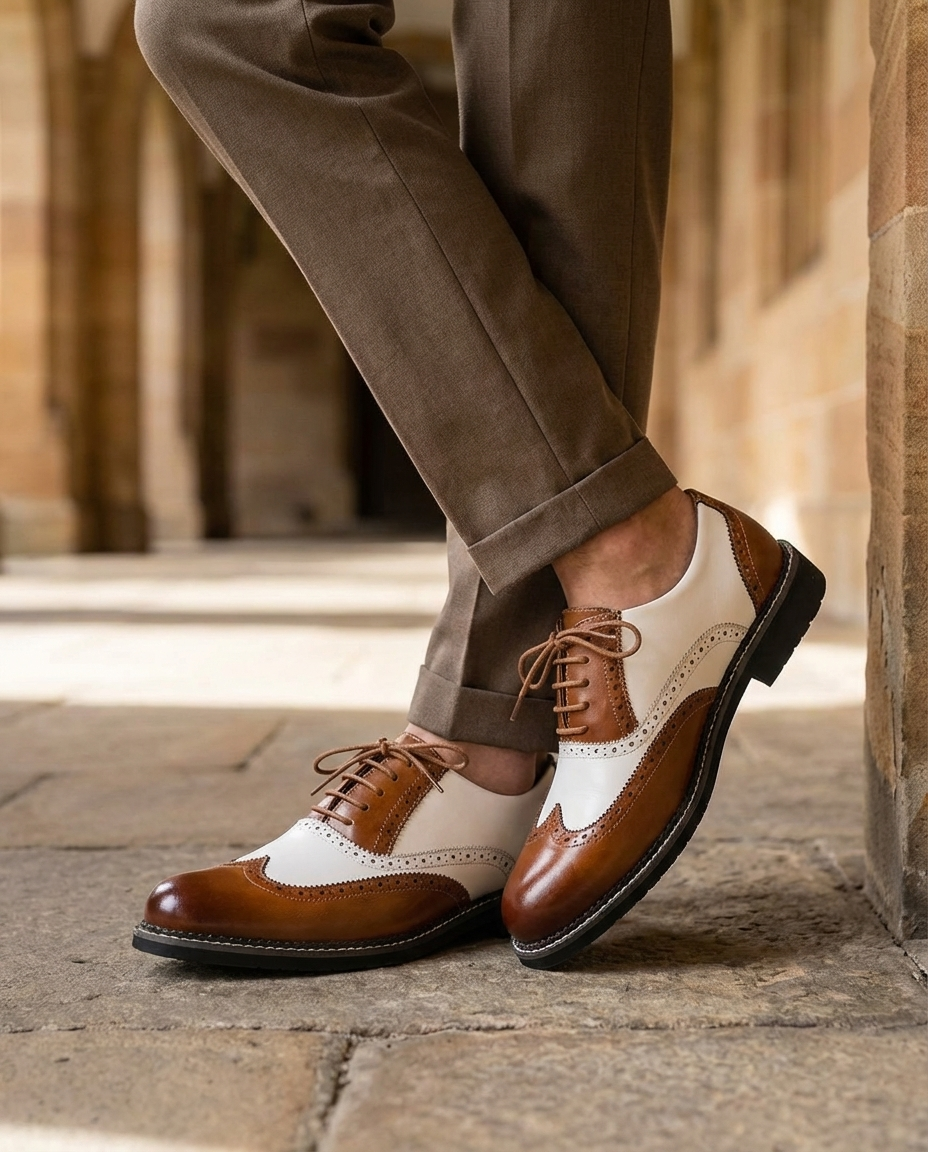 Polished Leather Brogue Shoes with Two-Tone Detail