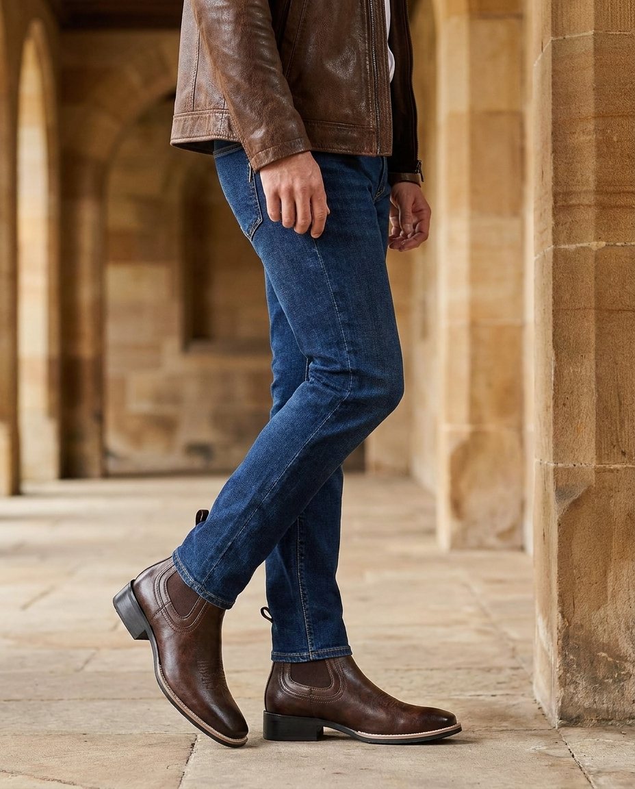Burnished Leather Chelsea Boots with Elastic Side Panels