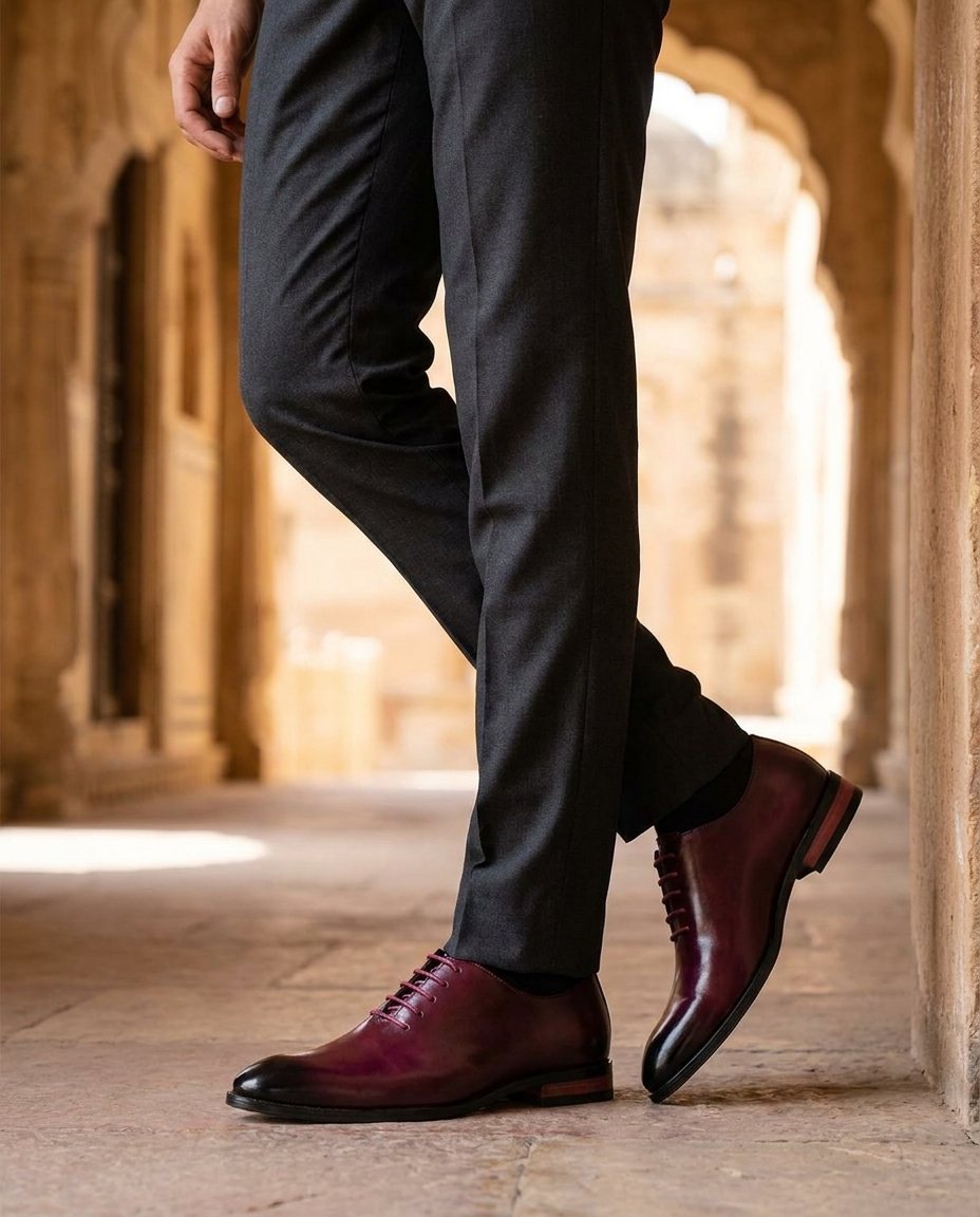 Burnished Leather Oxford Shoes with Lace-Up Closure