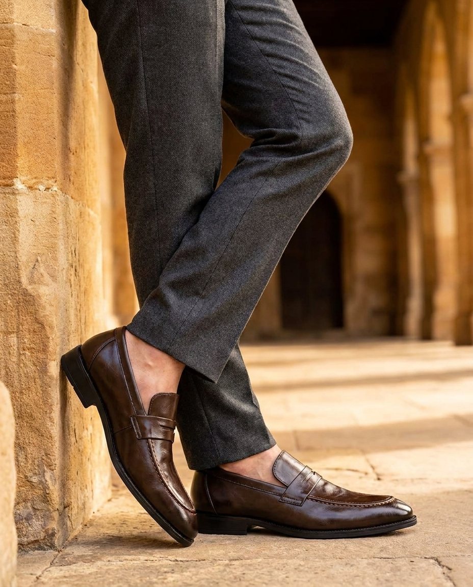Burnished Leather Loafers with Hand-Stitched Detail