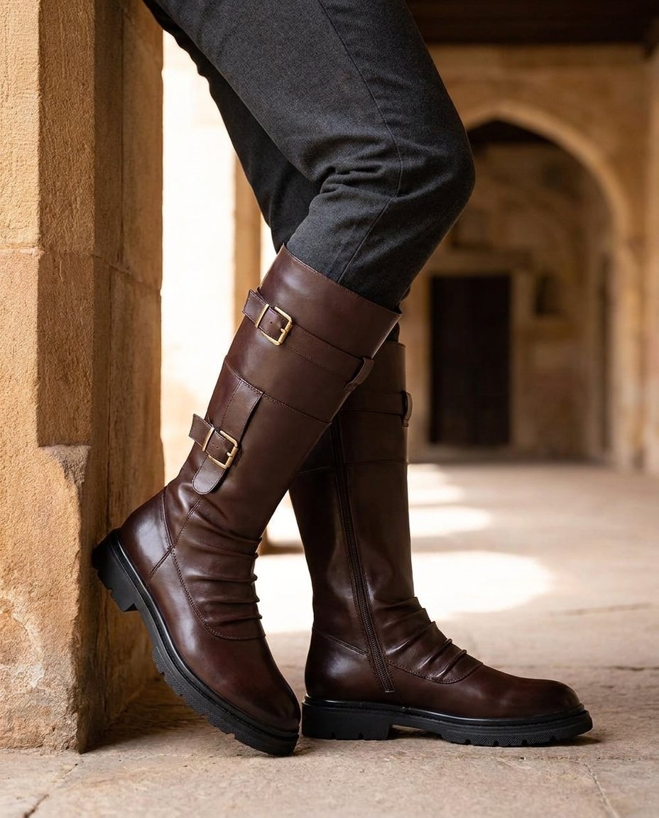 Polished Leather Boots with Lug Sole