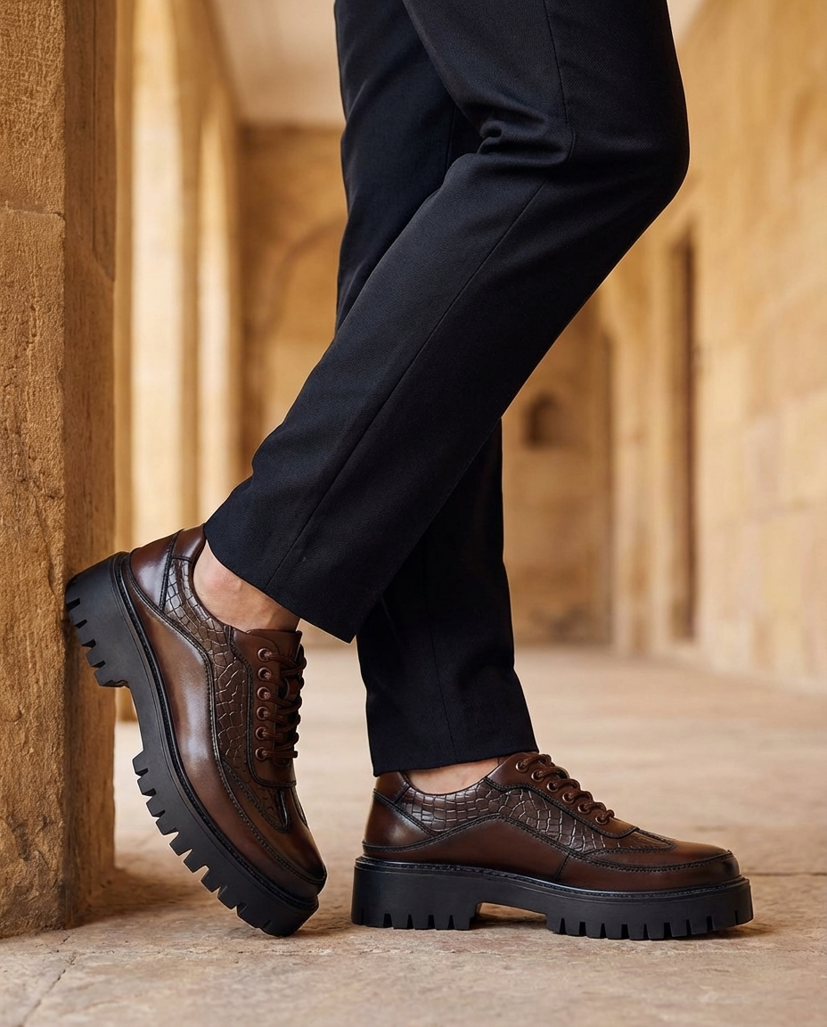 Leather Derby Shoes with Croc-Embossed Texture