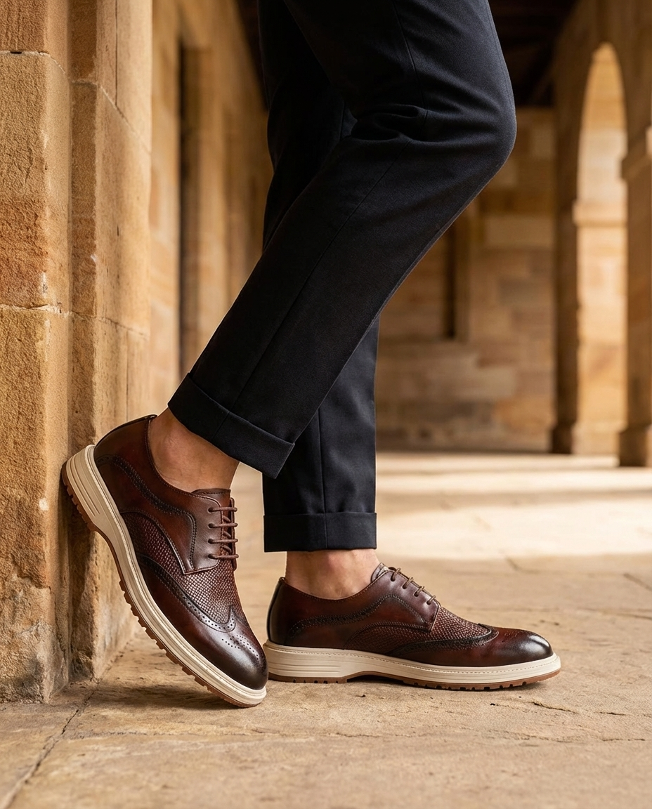 Burnished Leather Derby Shoes with Brogue Detailing