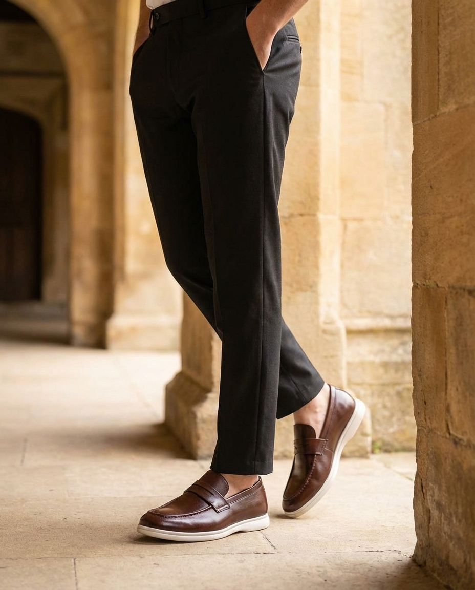 Leather Loafers with Moc-Toe Stitching and Contrast Rubber Sole