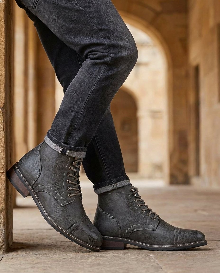 Full-Grain Leather Boots with Contrast Stitching