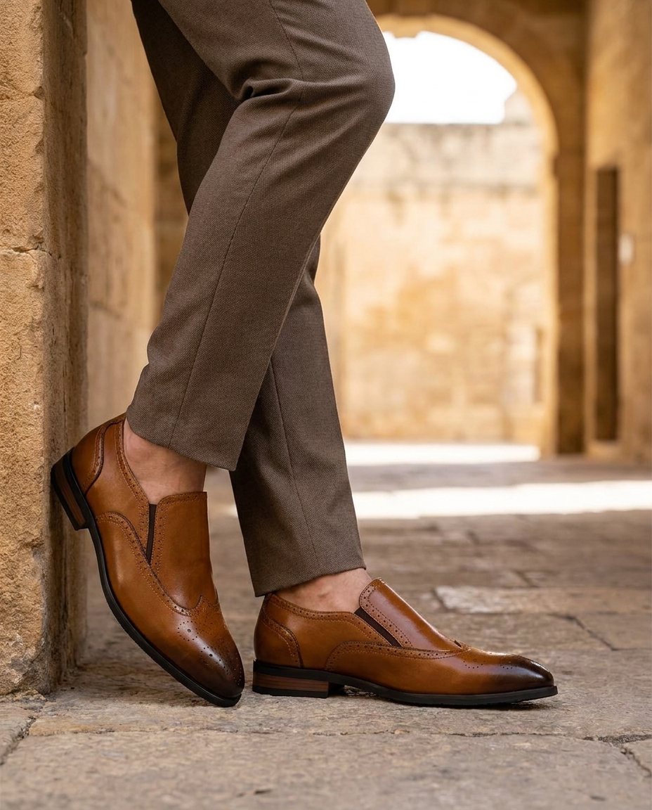 Polished Recycled Leather Brogue Shoes with Wingtip Detail