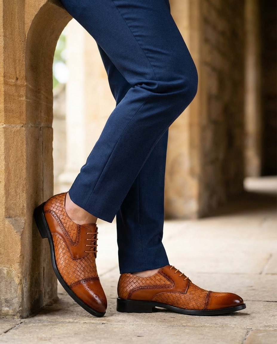 Polished Leather Oxford Shoes with Woven Detail