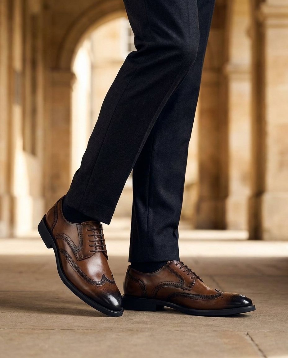 Full-Grain Cowhide Leather Brogue Shoes with Wingtip Brogue Detail