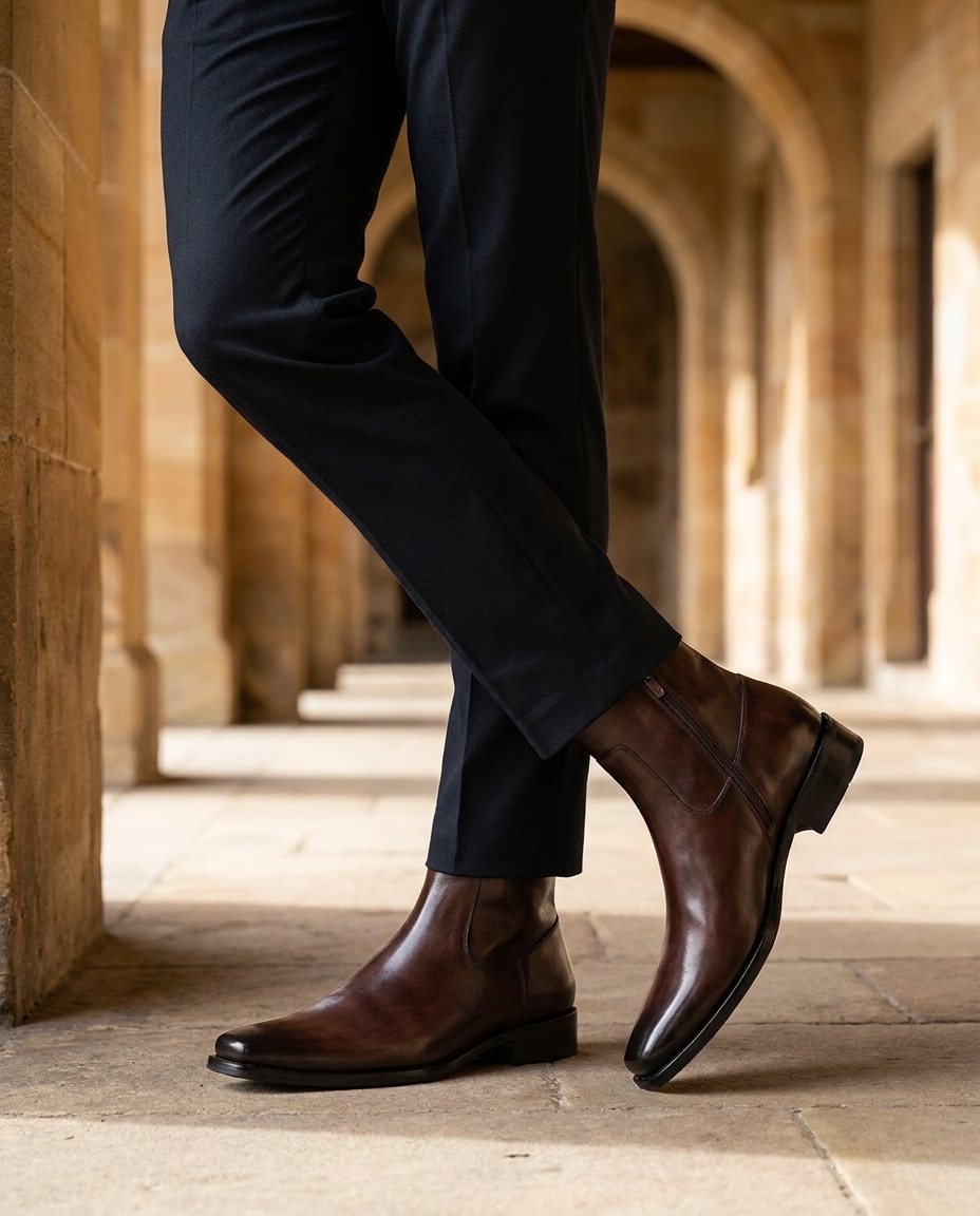 Burnished Full-Grain Leather Boots with Square Toe