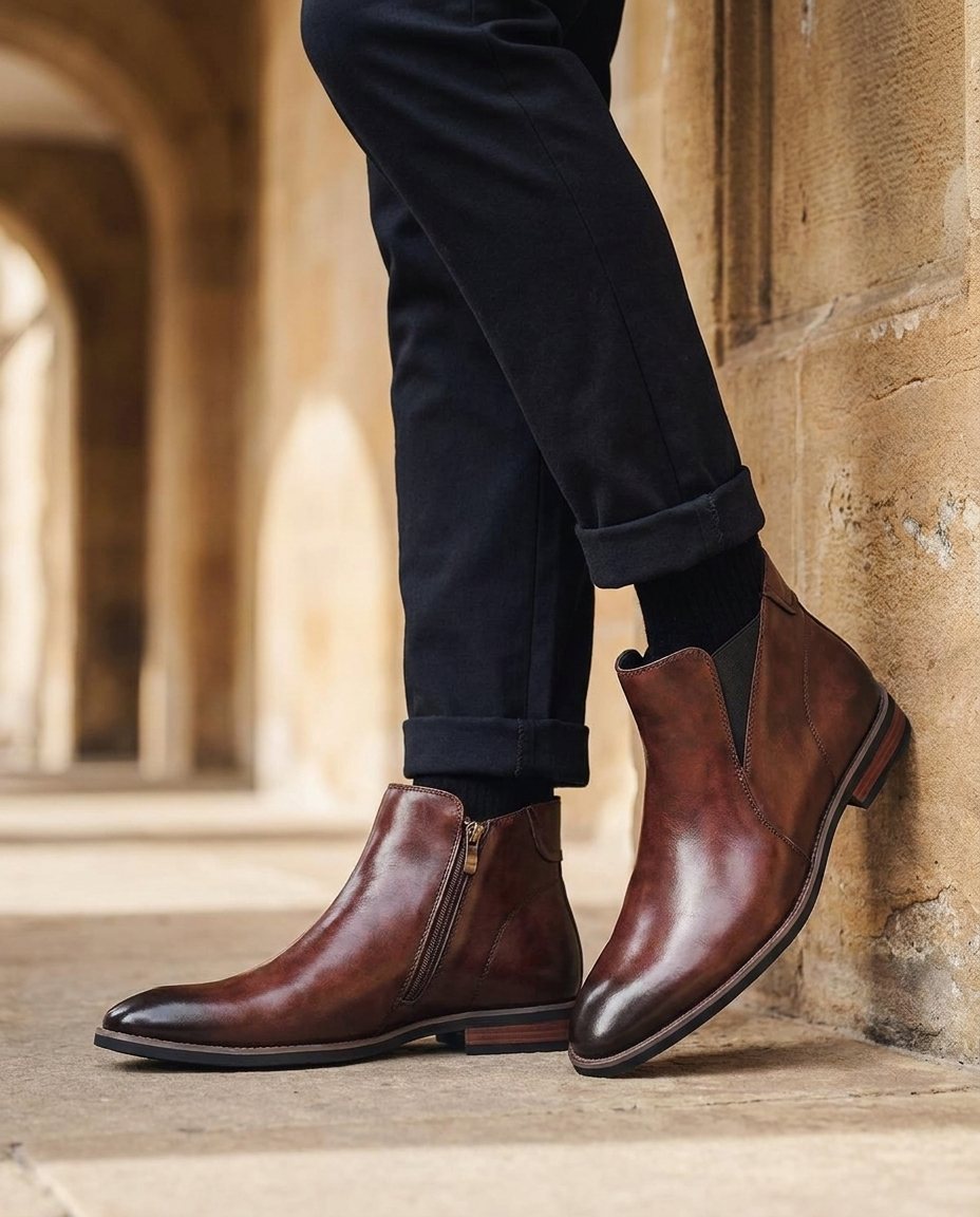 Burnished Leather Chelsea Boots with Almond Toe