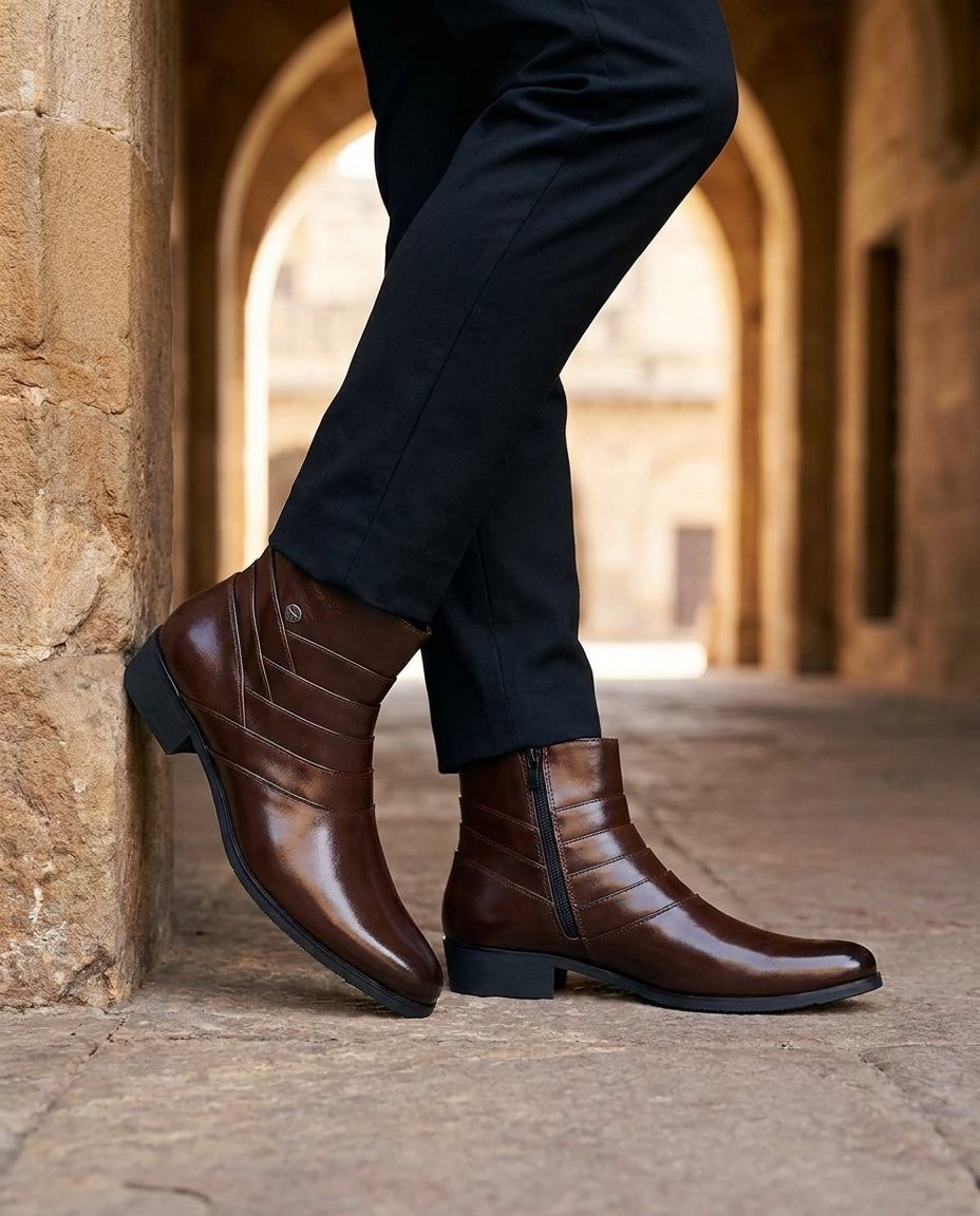 Burnished Leather Ankle Boots with Side Zipper