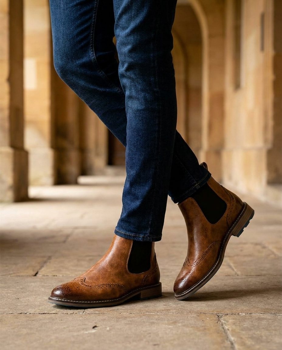 Full-Grain Leather Chelsea Boots with Brogue Detailing