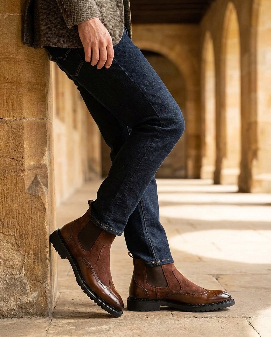 Polished Leather Chelsea Boots with Brogue Detailing
