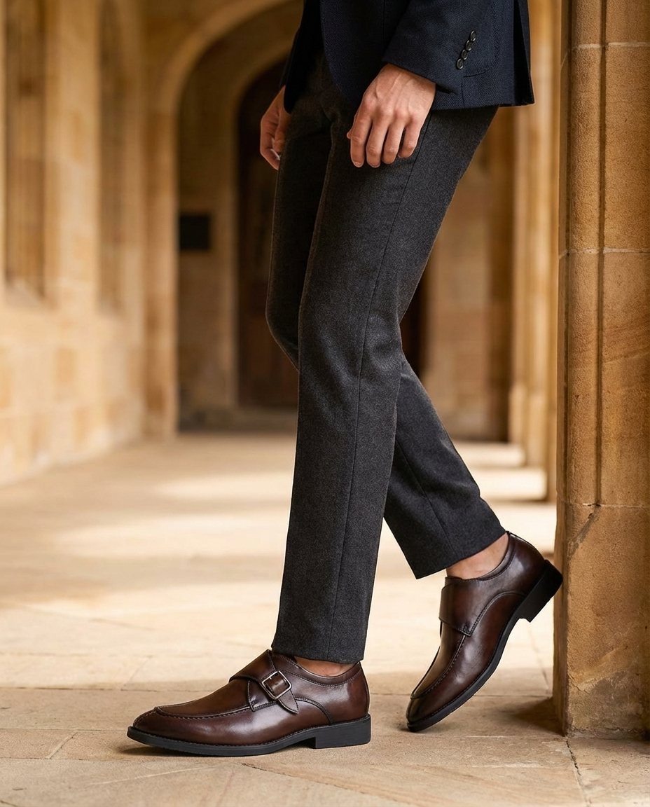 Cowhide Leather Monk Strap Shoes with Almond Toe