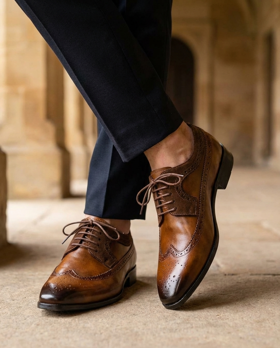 Burnished Leather Brogue Shoes with Wingtip Brogue Detail