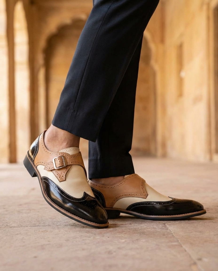 Leather Monk Strap Shoes with Wingtip Brogue Detail
