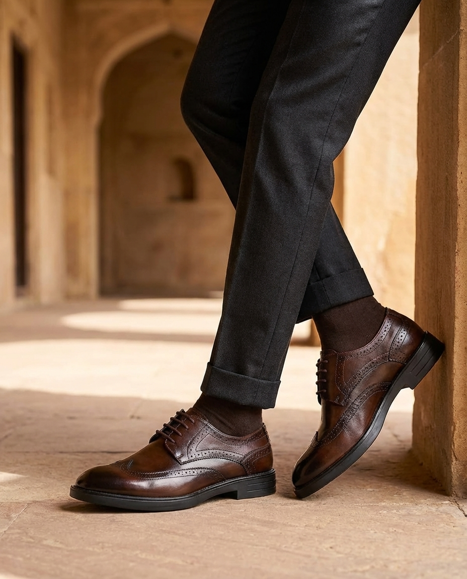 Full-Grain Leather Brogue Shoes with Wingtip Brogue Detail