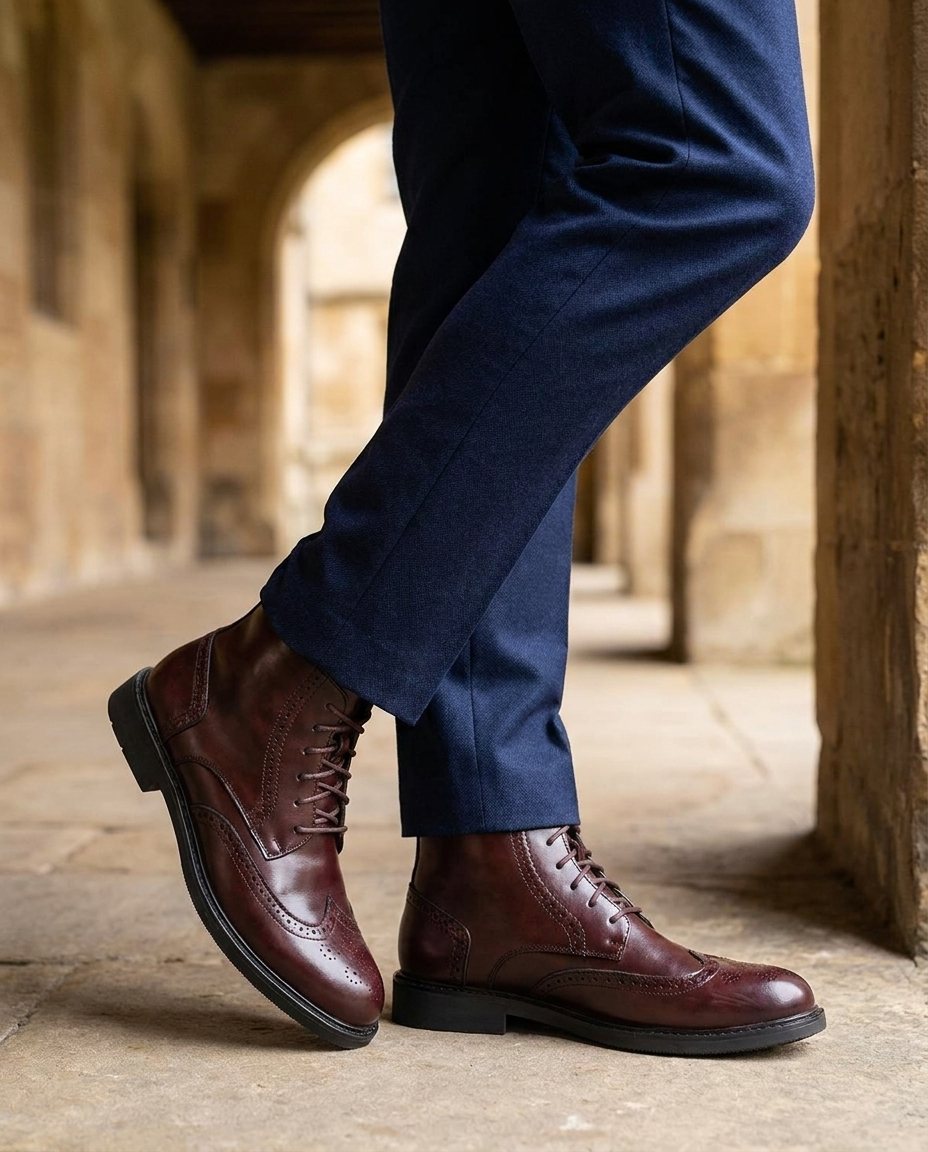 Polished Leather Brogue Boots with Lace-Up Closure