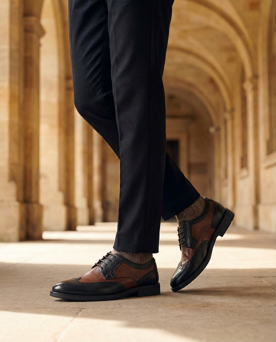 Two-Tone Leather Oxford Shoes with Brogue Detailing