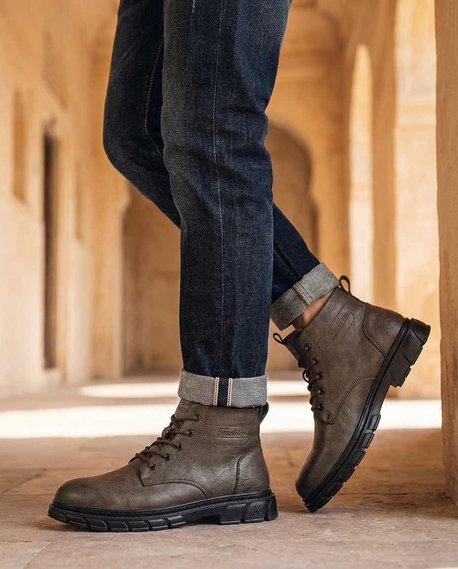 Full-Grain Leather Boots with Lace-Up Closure