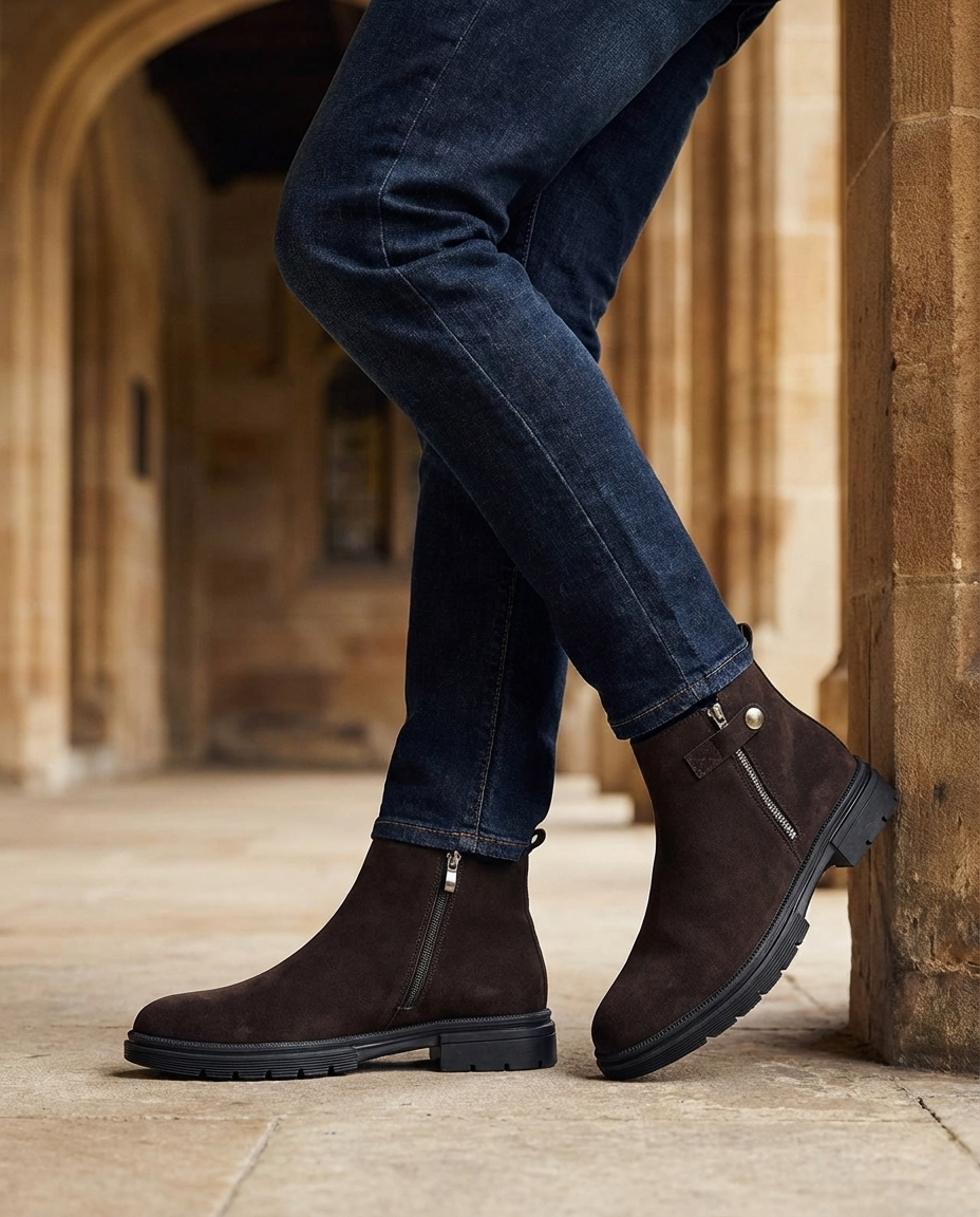 Suede Leather Chelsea Boots with Rubber Sole