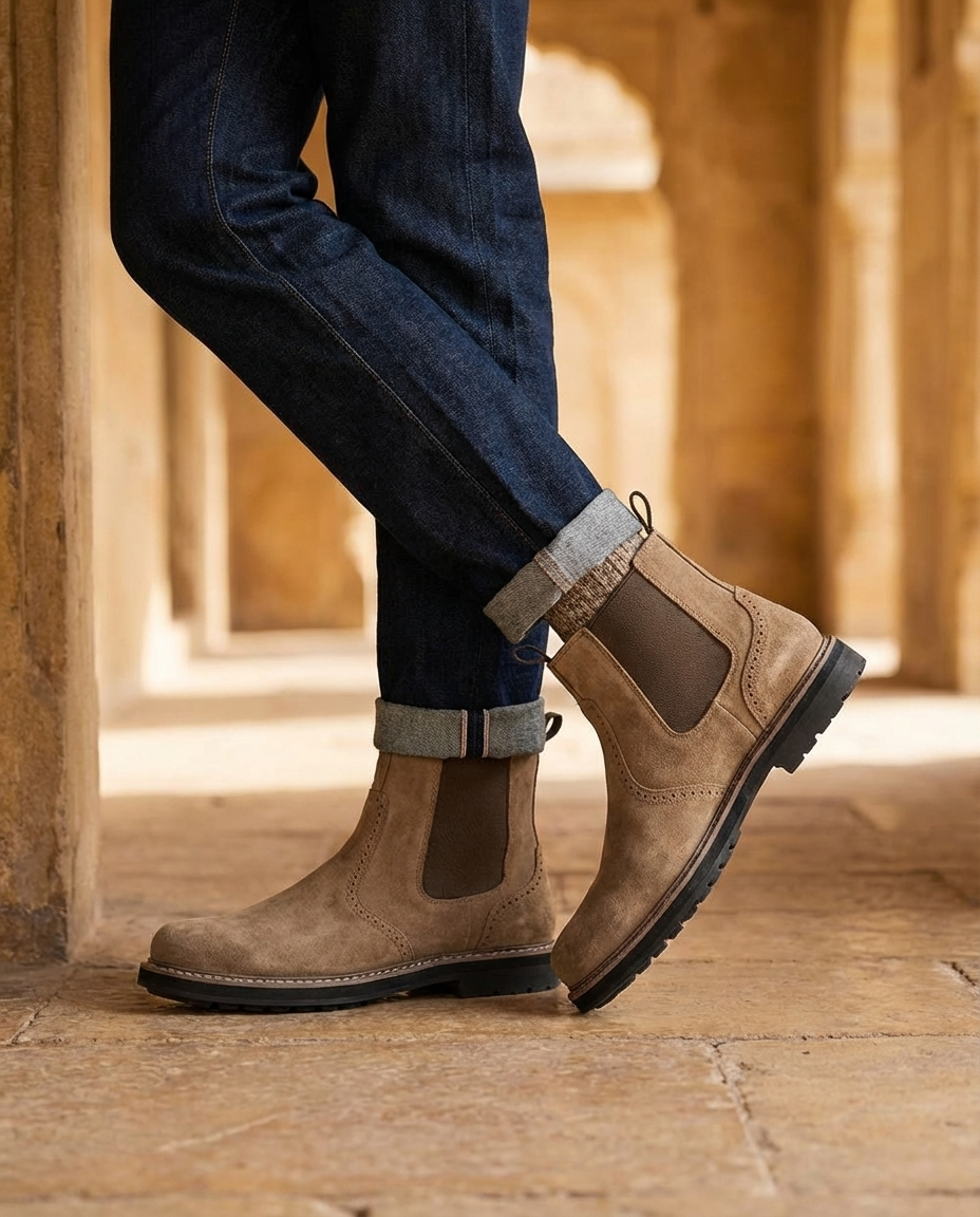 Suede Leather Chelsea Boots with Brogue Detailing