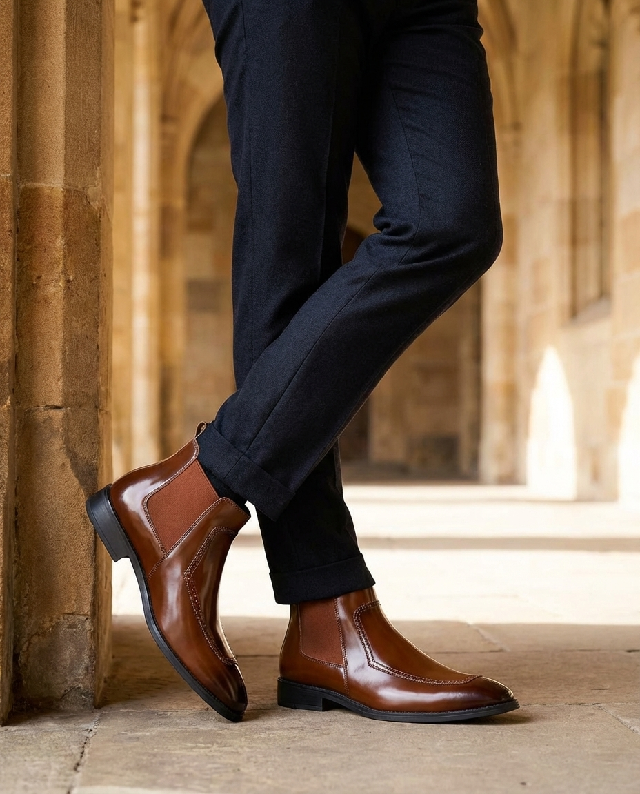 Leather Chelsea Boots with Brogue Detailing and Elastic Side Panels