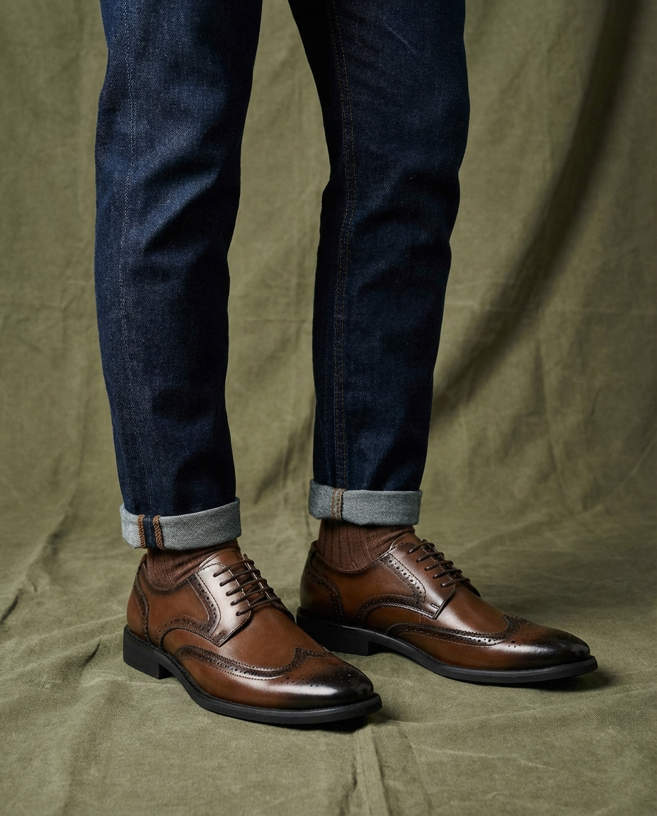 Full-Grain Cowhide Leather Brogue Shoes with Distressed Finish