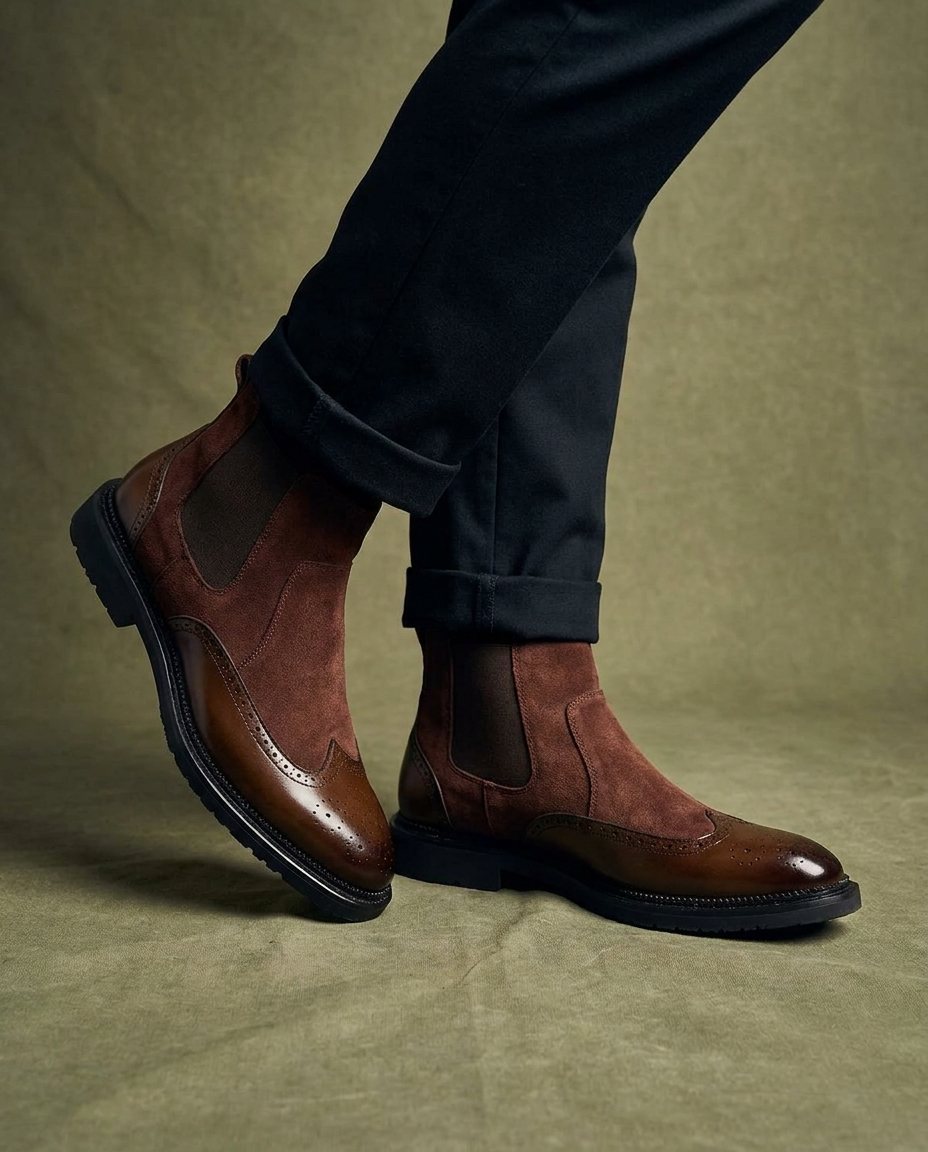 Polished Leather Chelsea Boots with Brogue Detailing