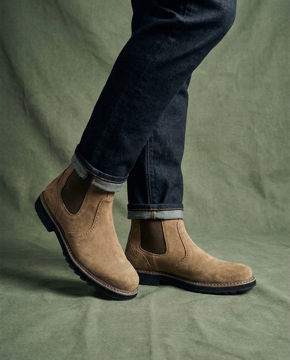 Suede Leather Chelsea Boots with Brogue Detailing