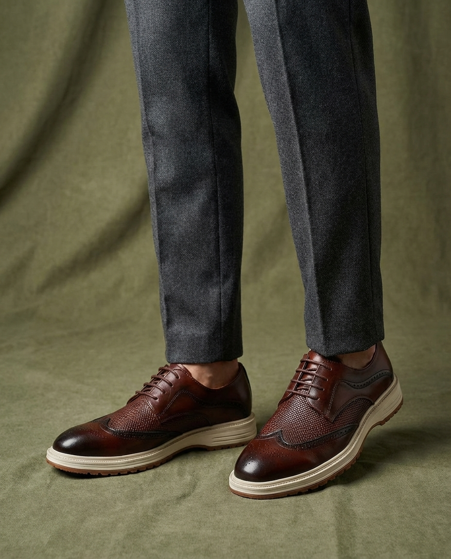 Burnished Leather Derby Shoes with Brogue Detailing