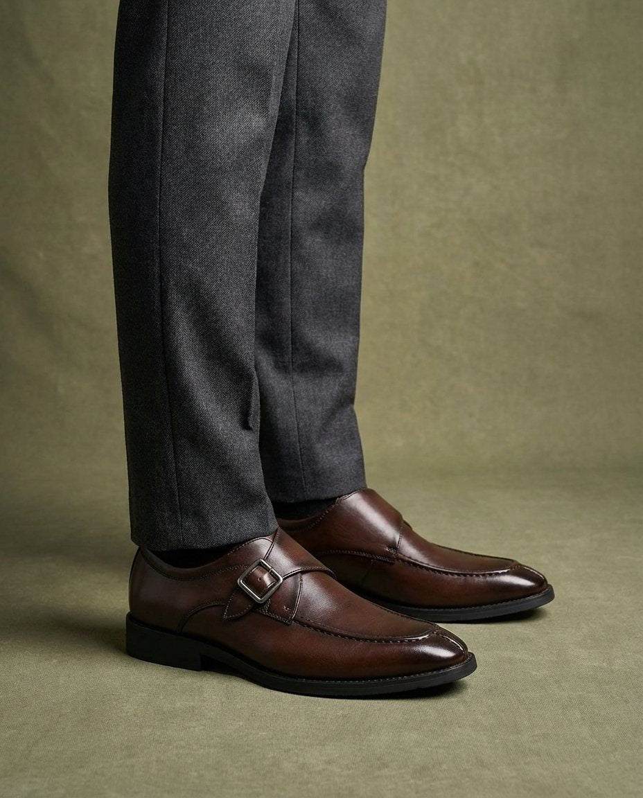 Cowhide Leather Monk Strap Shoes with Almond Toe