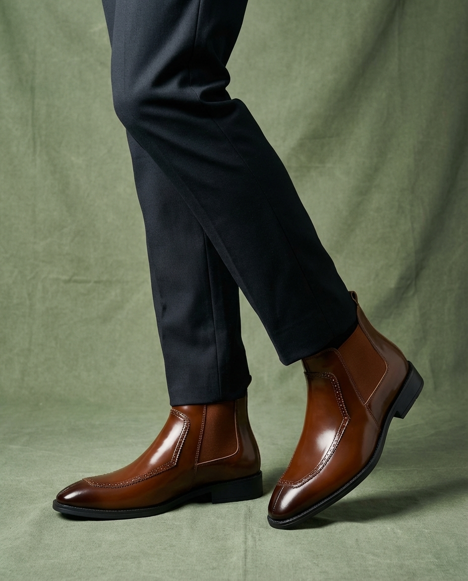 Leather Chelsea Boots with Brogue Detailing and Elastic Side Panels