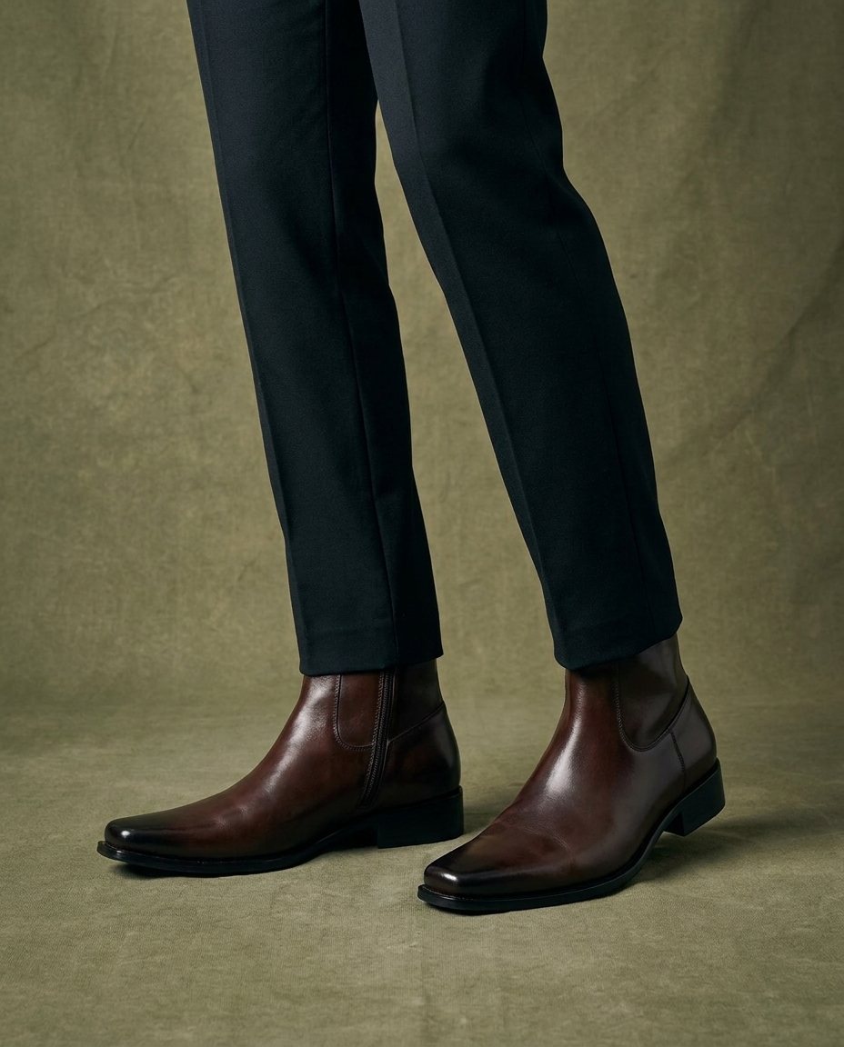 Burnished Full-Grain Leather Boots with Square Toe