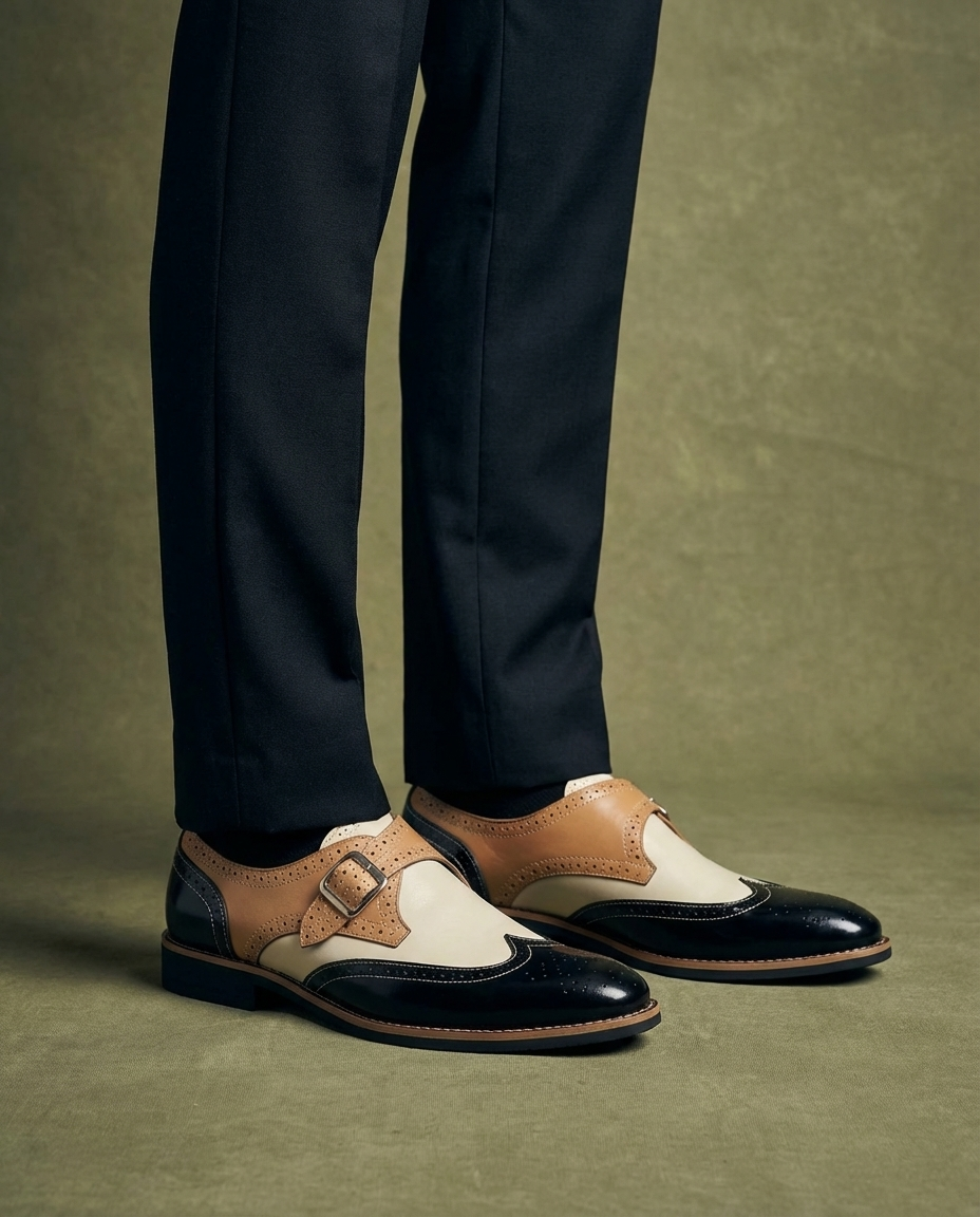 Leather Monk Strap Shoes with Wingtip Brogue Detail