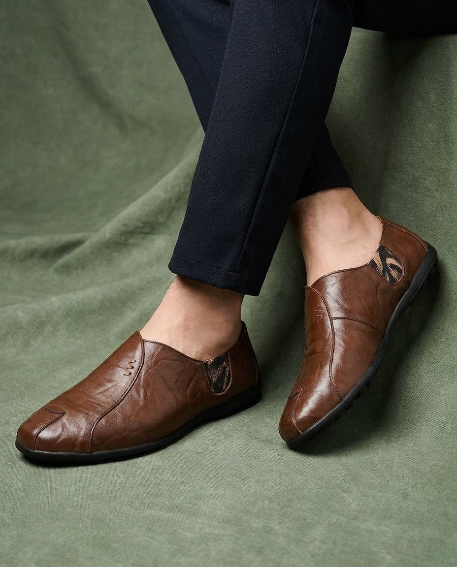 Leather Slip-On Shoes with Broken-In Comfort and Rubber Sole